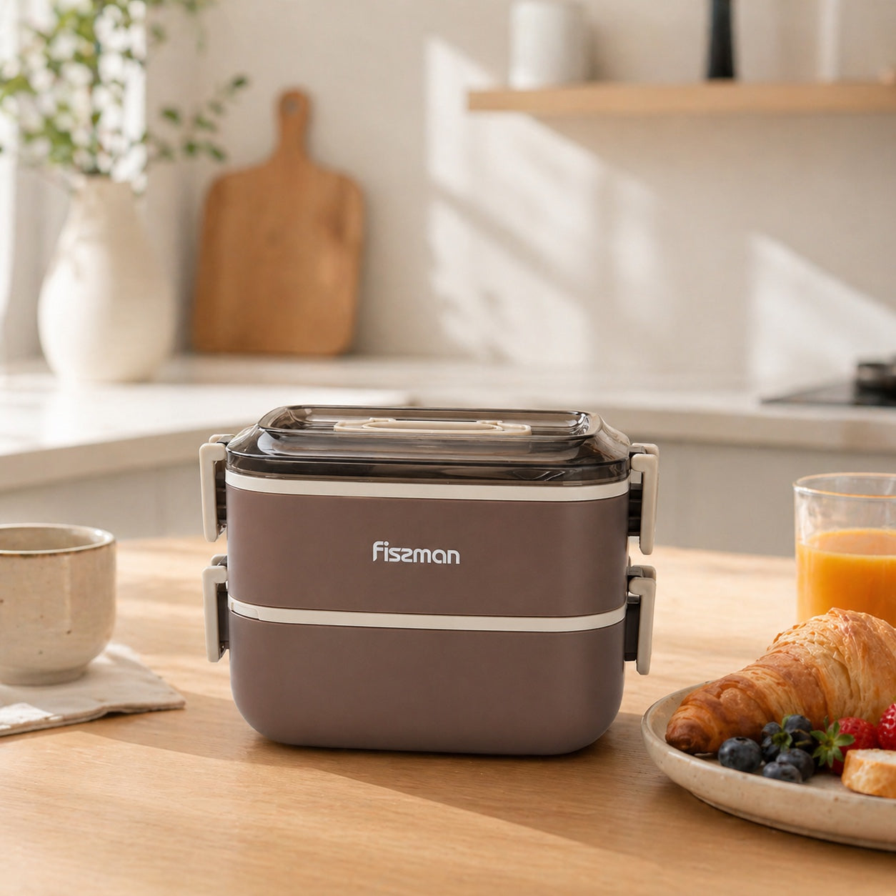 Contenedor Tupper Premium Bento Box Doble 1800ml Brown Fissman